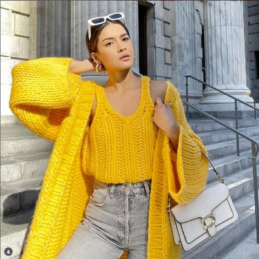 ZARA LONG KNIT COAT in Mustard Yellow size M